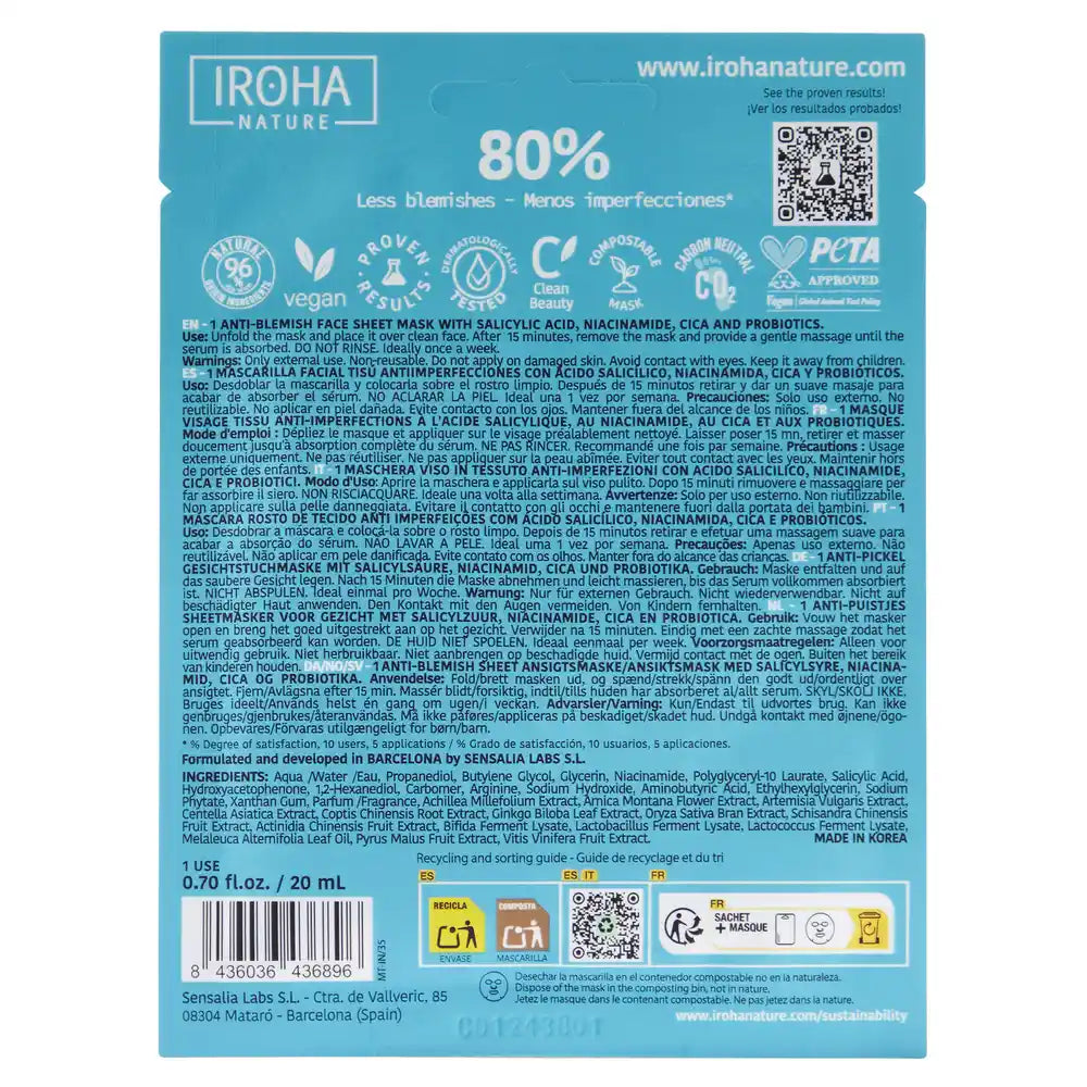 Iroha Nature Maschera viso anti-imperfezioni per pelle grassa, 20 Ml