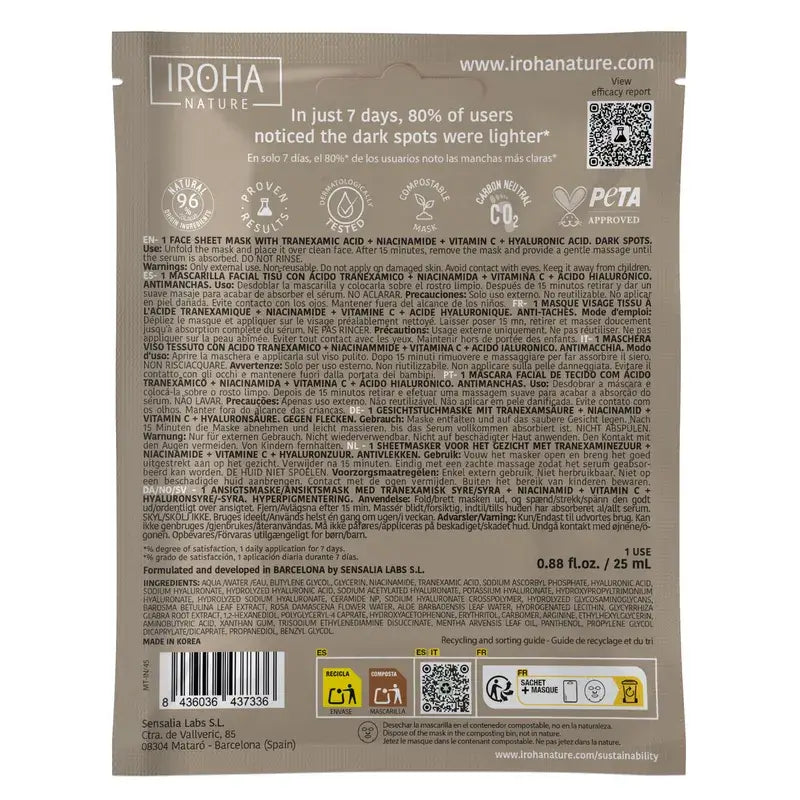 Iroha Nature Well Aging Maschera anti-macchie all'Acido Tranexamico , 25 ml