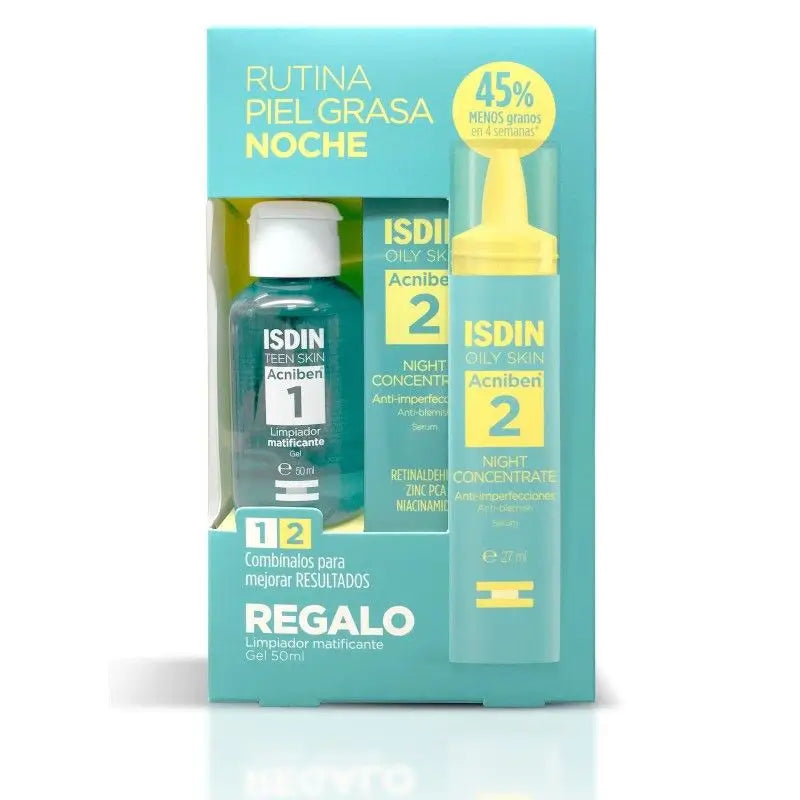 Isdin Acniben Siero Concentrato Notte 27 Ml + Gel detergente opacizzante gratuito, 50 Ml