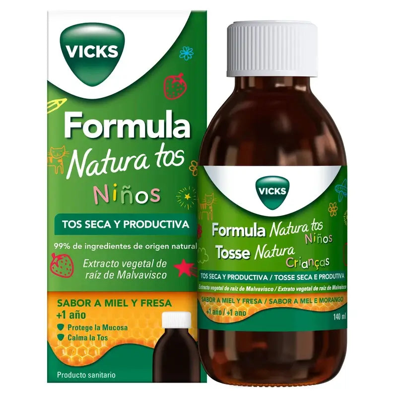 Vicks Formula Natura Sciroppo per la tosse per bambini al gusto di miele e fragola, 140 ml