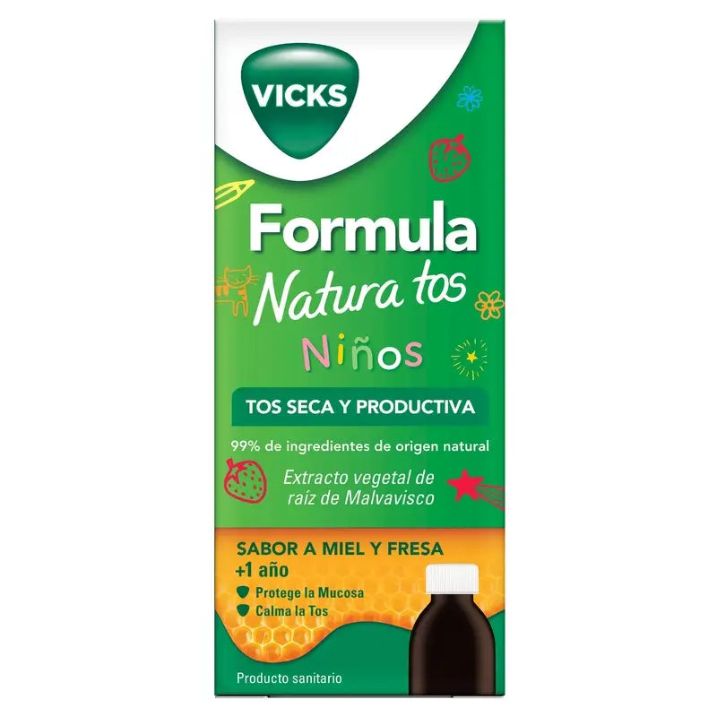 Vicks Formula Natura Sciroppo per la tosse per bambini al gusto di miele e fragola, 140 ml