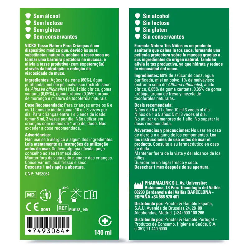 Vicks Formula Natura Sciroppo per la tosse per bambini al gusto di miele e fragola, 140 ml