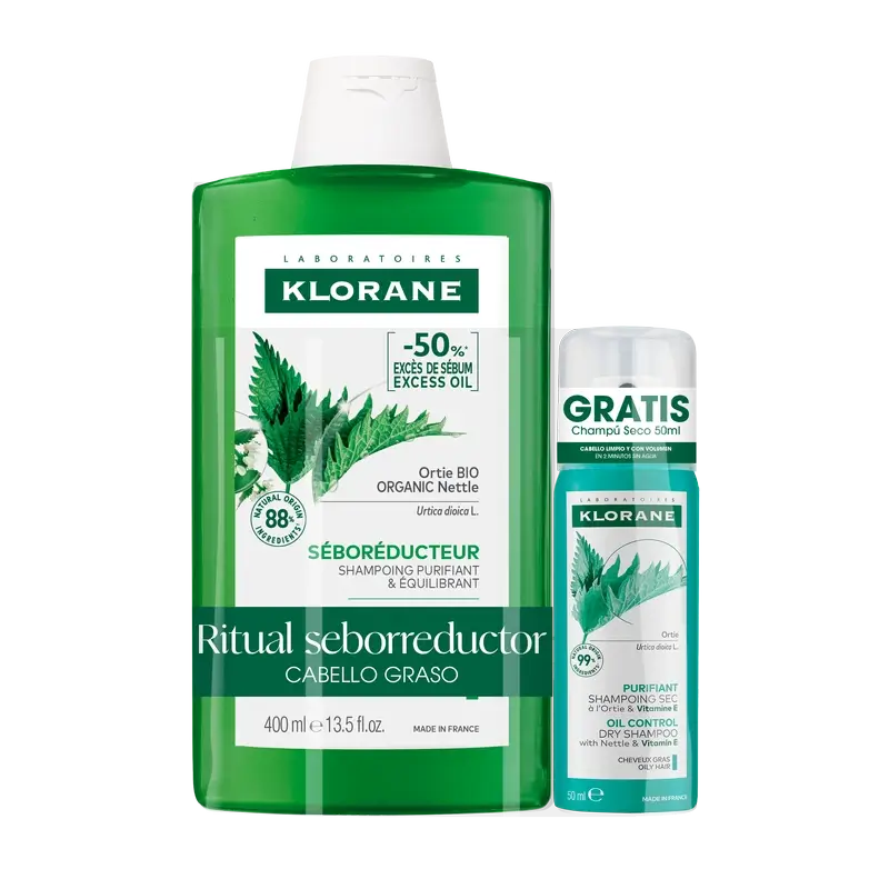 Klorane Pack Shampoo seboregolatore all'ortica bio 400 Ml + Shampoo secco purificante all'ortica e vitamina E 50 Ml