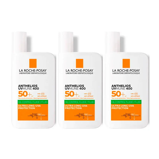 La Roche Posay Triplo Anthelios Uv-Mune 400 Oil Control Fluido Invisibile Spf50+ Senza Colore, 3 X 50 Ml