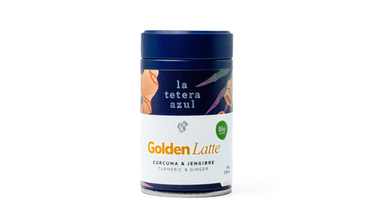 La Tetera Azul Golden Latte 100% Biologico, Latte alla Curcuma con Zenzero, Cannella e Cardamomo, Infuso Antiossidante Gourmet vaso da 80g.