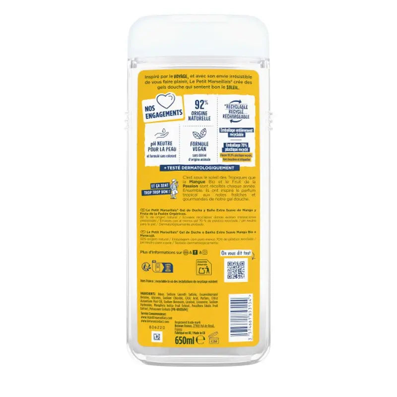 Le Petit Marseillais Gel doccia extra delicato al mango biologico e frutto della passione, 650 ml