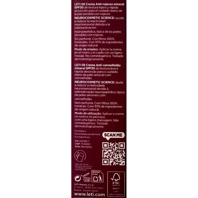 Leti Sr Antiredness Crema minerale Spf30 , 40 ml