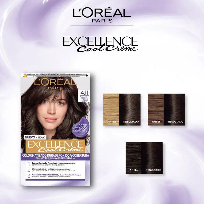 L'Oréal Paris Excellence Cool Creme Colore Permanente per Capelli - Tonalità 4.11 Castano Cenere Intenso
