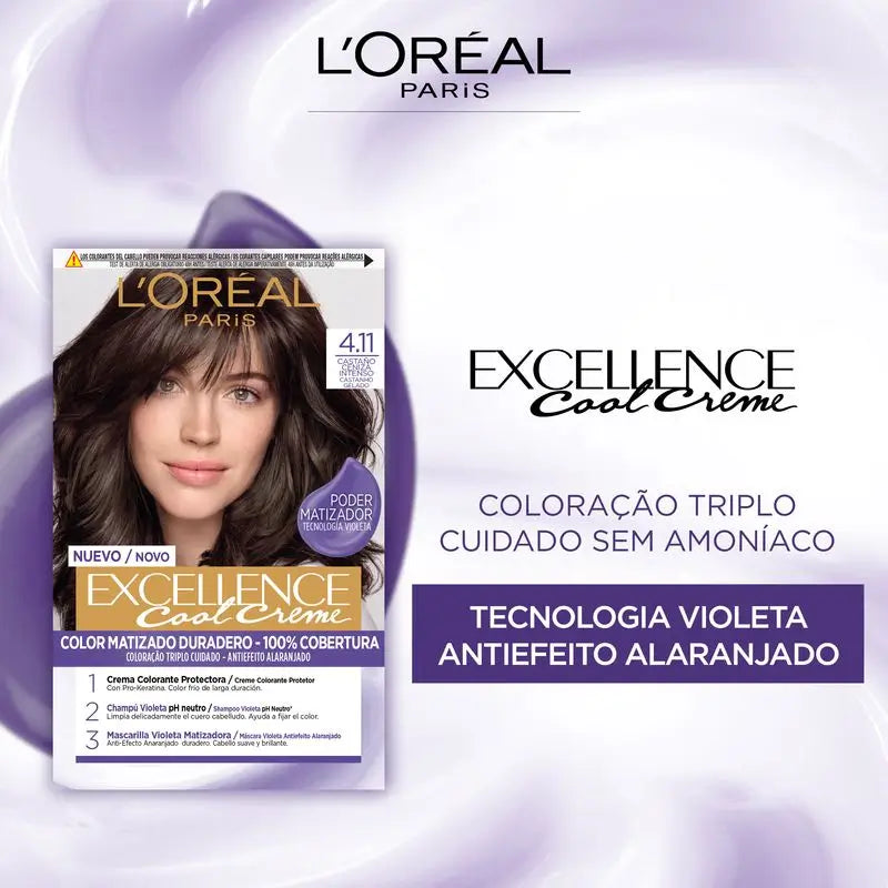 L'Oréal Paris Excellence Cool Creme Colore Permanente per Capelli - Tonalità 4.11 Castano Cenere Intenso
