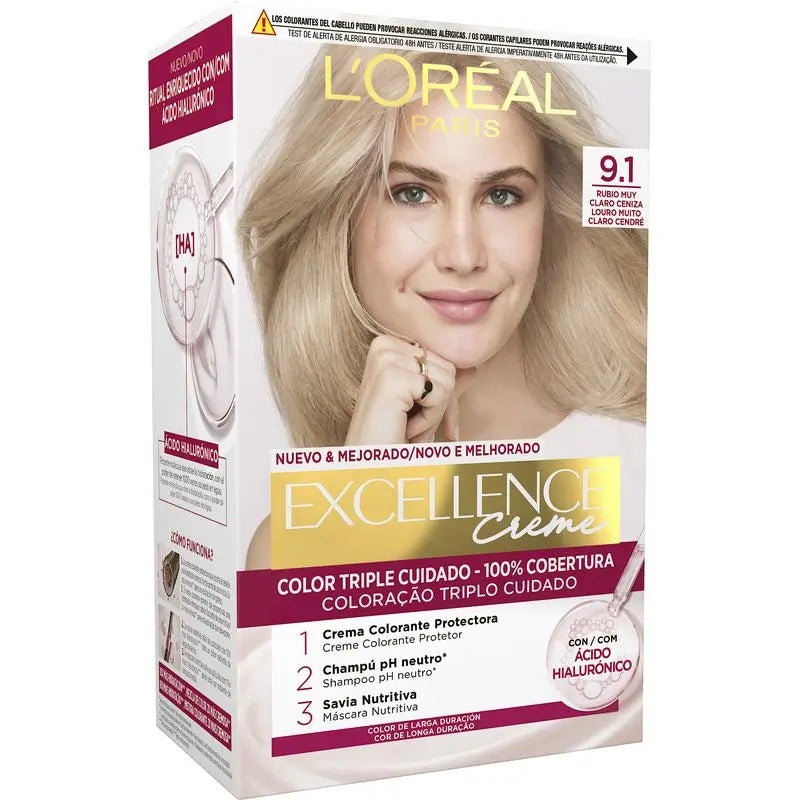 L'Oréal Paris Excellence Creme Colore permanente per capelli - Tonalità 9.1 Biondo cenere molto chiaro