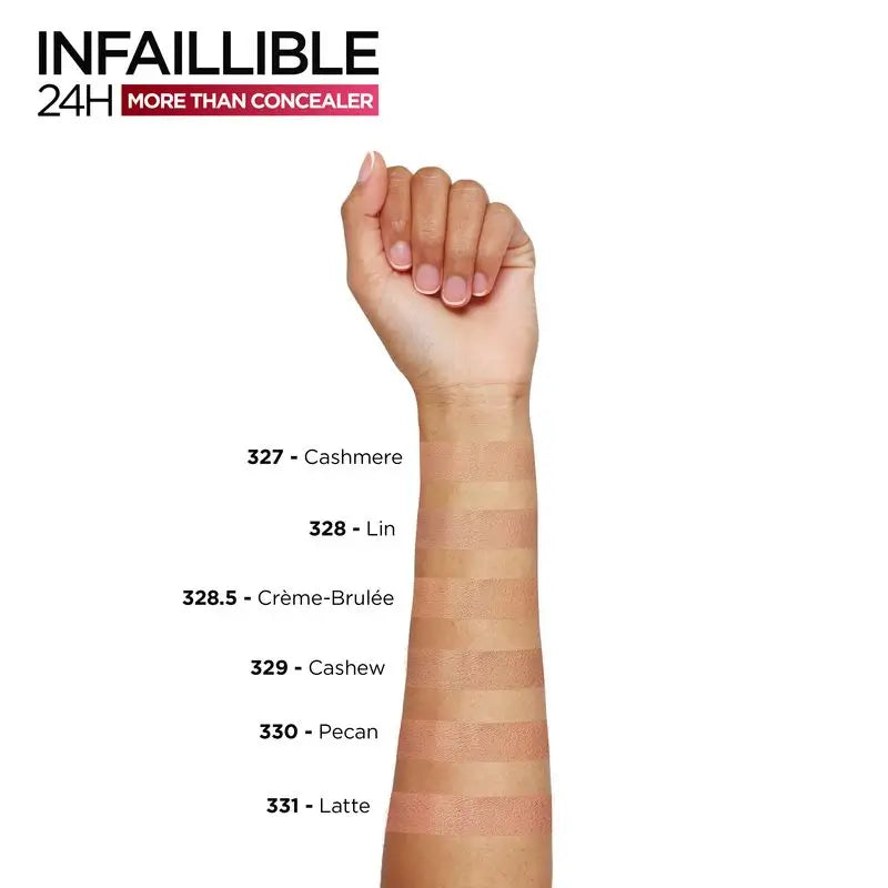 L'Oréal Paris Infallible More Than Concealer Correttore a copertura totale, tonalità 329 Cashew/Cajou, 11 Ml
