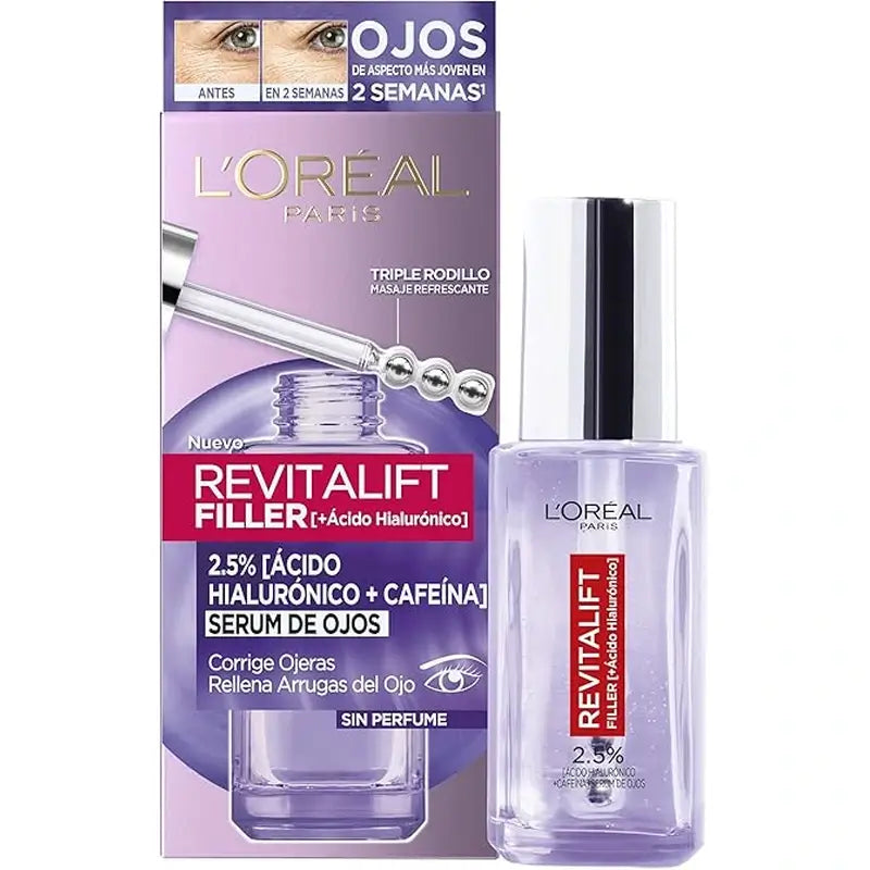 L'Oréal Paris Revitalift Filler Eye Serum: 2,5% Acido Ialuronico e Caffeina, Triplo Roll-On