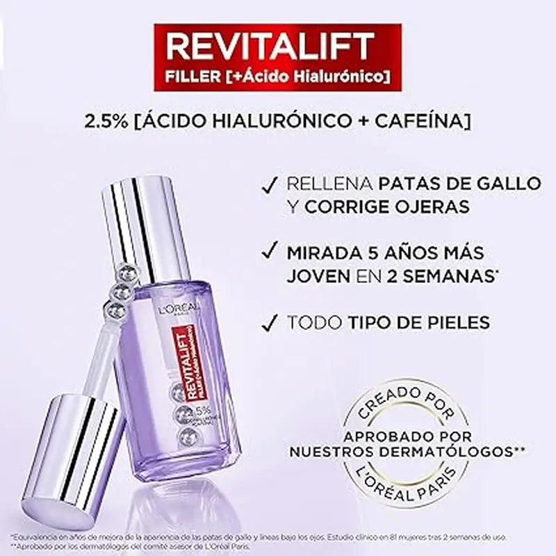 L'Oréal Paris Revitalift Filler Eye Serum: 2,5% Acido Ialuronico e Caffeina, Triplo Roll-On