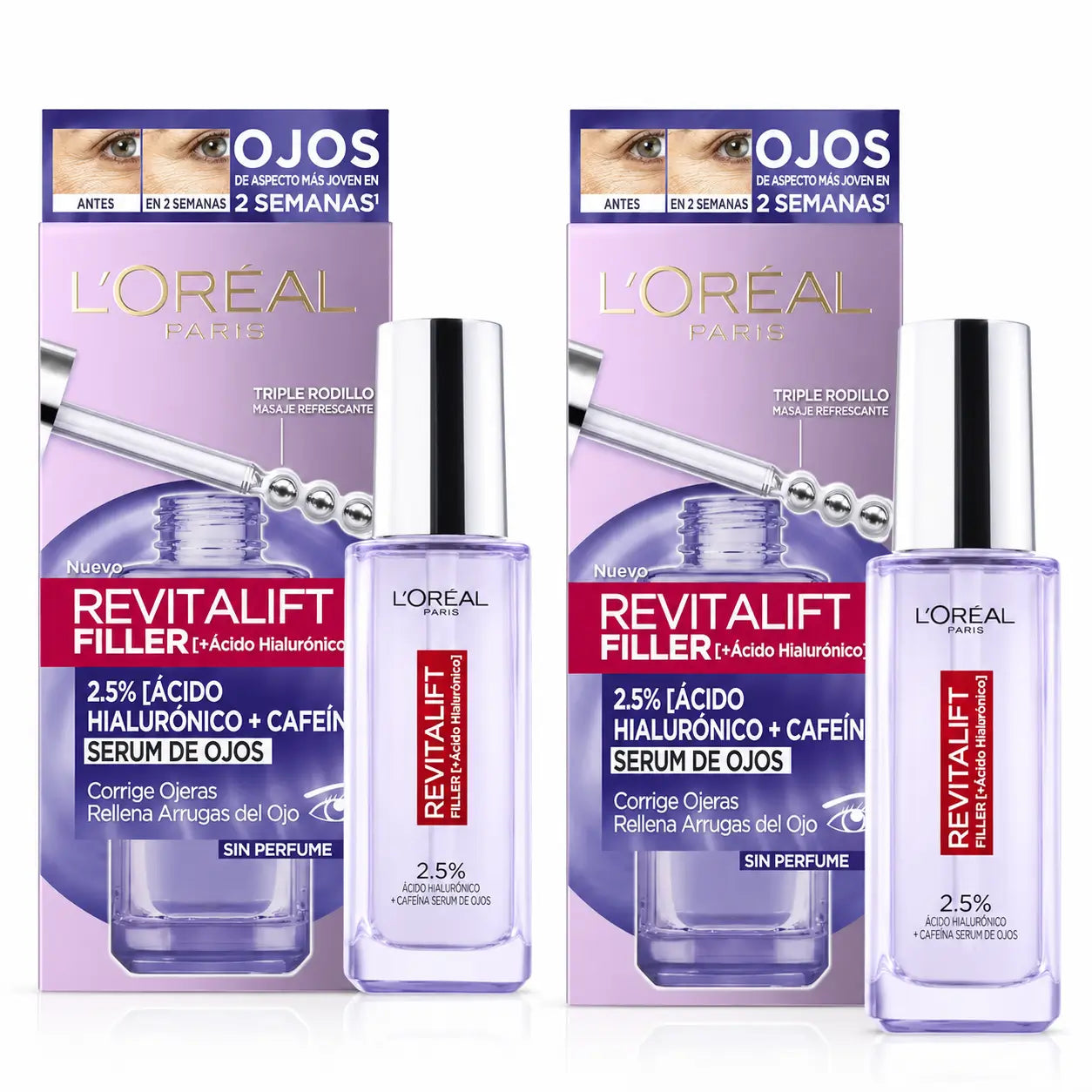L'Oréal Paris Revitalift Filler Siero Occhi: 2,5% Acido Ialuronico e Caffeina, Triplo Roll-On, confezione da 2