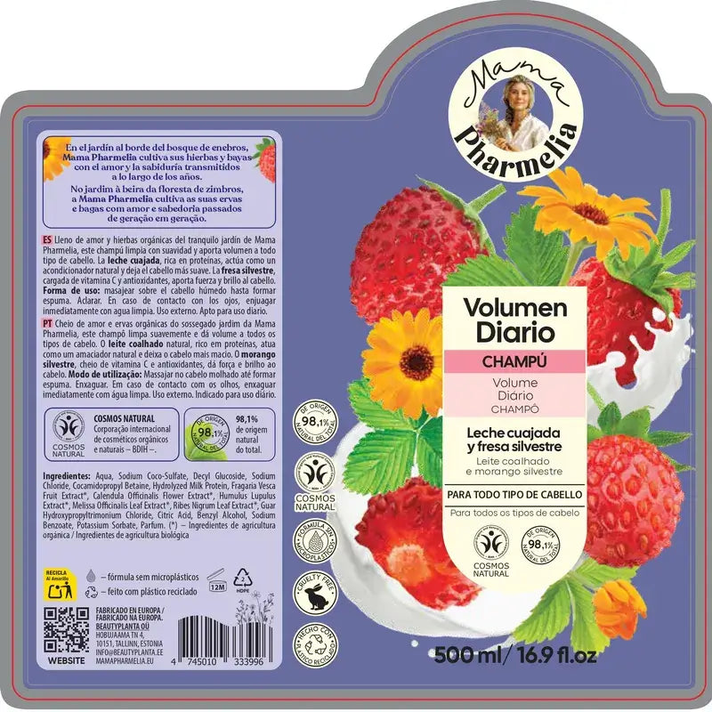 Mama Pharmelia Shampoo Volume Quotidiano con Latte Cagliato e Fragola Selvatica, 500ml
