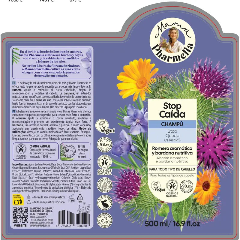 Mama Pharmelia Shampoo Stop alla caduta dei capelli Shampoo nutriente aromatico al rosmarino e bardana, 500ml