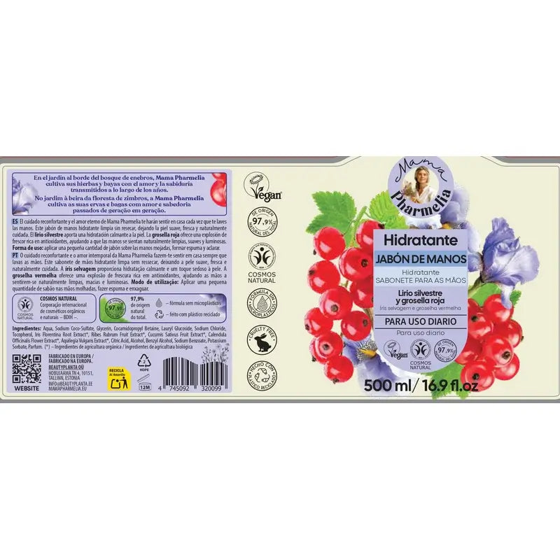 Mama Pharmelia Sapone idratante per le mani con iris selvatico e ribes rosso, 500 Ml