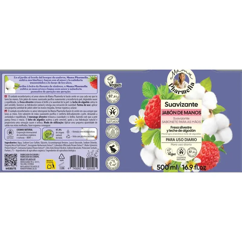 Mama Pharmelia Sapone lenitivo per le mani con fragola selvatica e latte di cotone, 500 Ml
