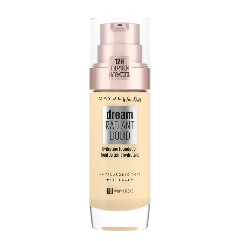 Maybelline New York Dream Radiant Liquid 10 Ivory: Fondotinta idratante con acido ialuronico e collagene, pelle chiara, 30ML