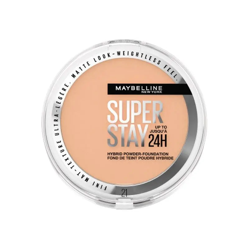 Maybelline New York Superstay Hybrid 24H Fondotinta in polvere, super coprente, super leggero, fino a 24 ore, tonalità 21