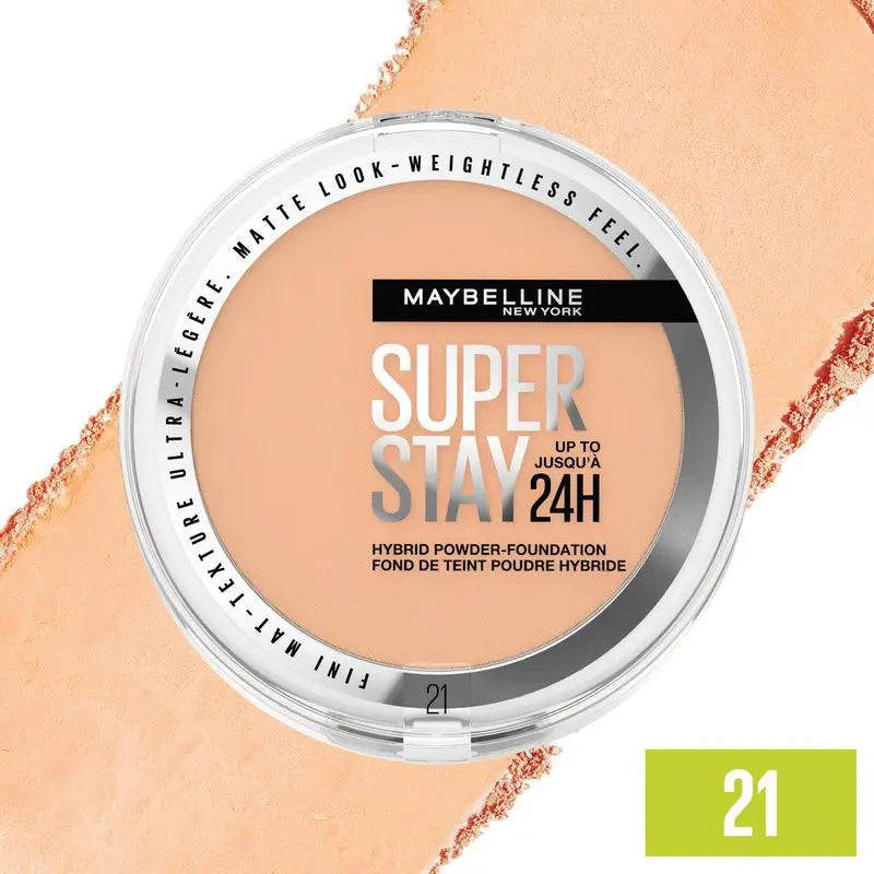Maybelline New York Superstay Hybrid 24H Fondotinta in polvere, super coprente, super leggero, fino a 24 ore, tonalità 21