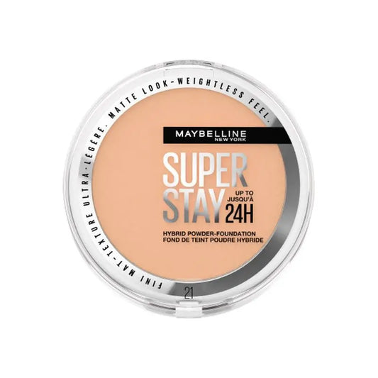 Maybelline New York Superstay Hybrid 24H Fondotinta in polvere, super coprente, super leggero, fino a 24 ore, tonalità 21