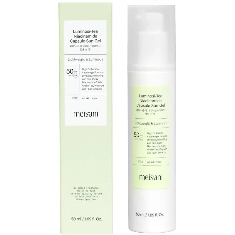 Meisani Luminosi-Tea Gel solare con niacinamide in capsule SPF 50, 50 ml