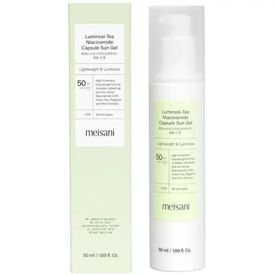 Meisani Luminosi-Tea Gel solare con niacinamide in capsule SPF 50, 50 ml