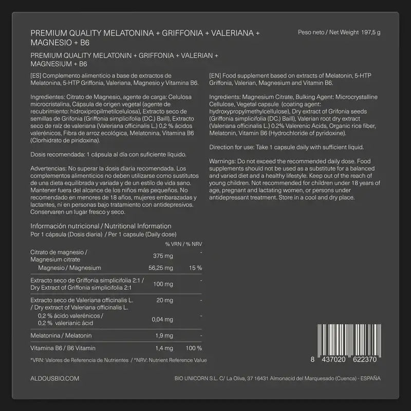Aldous Labs Melatonina con 5Htp, magnesio, valeriana e vitamina B6
