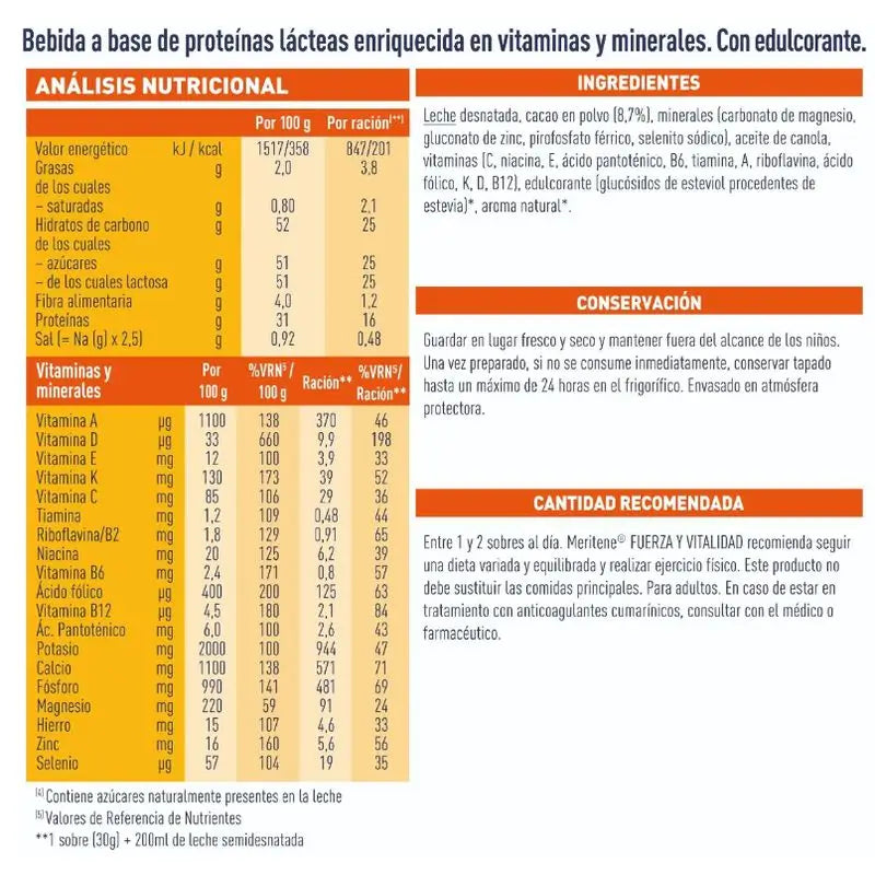 Meritene Forza e Vitalità Shake al gusto di cioccolato, 15 bustine x 30 g