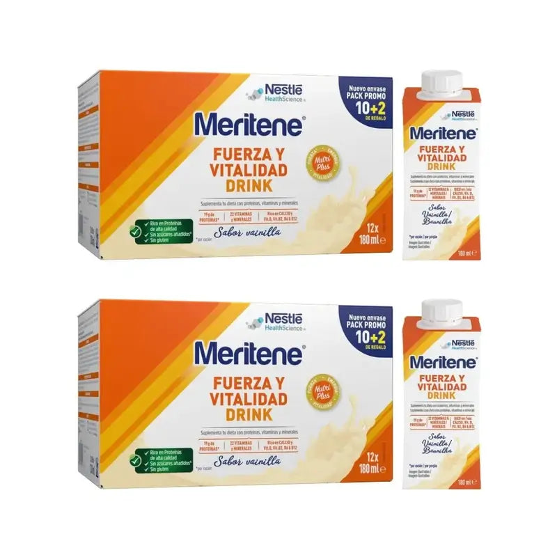 Meritene Forza e Vitalità Drink Vaniglia, Confezione 2 scatole 10+2 x 180 Ml