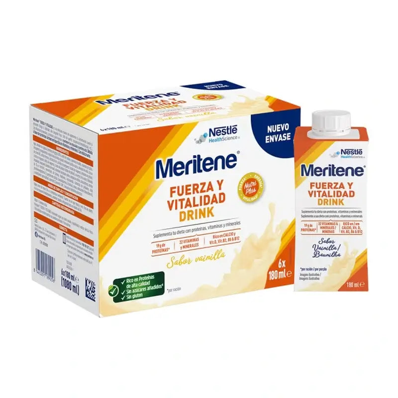 Meritene Forza e Vitalità Drink Vaniglia, Confezione da 3 scatole, 6 x 180 ml