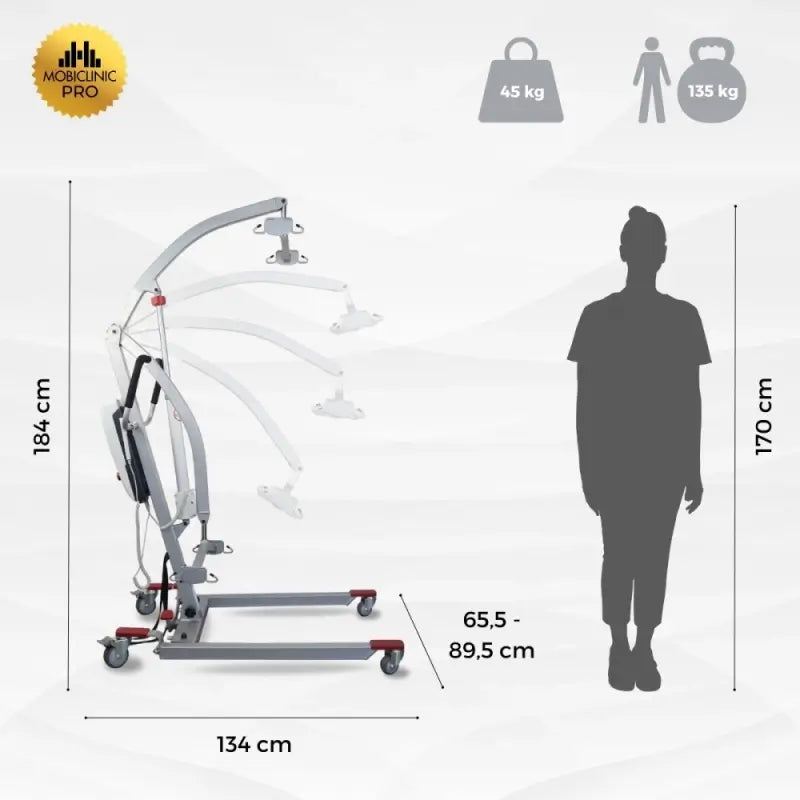 Sollevatore elettrico Mobiclinic - Incluso imbracatura 4 ganci - Utilizzo durante il trasporto - Compatto - Max. 135 Kg - Fortuna Basic