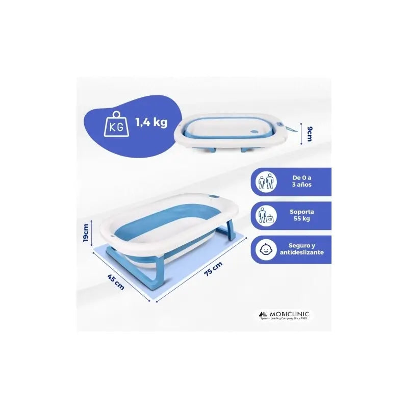 Mobiclinic Baby Bath Pack - Vaschetta per neonati - Pieghevole - Antiscivolo - Blu - Termometro da bagno - Senza mercurio