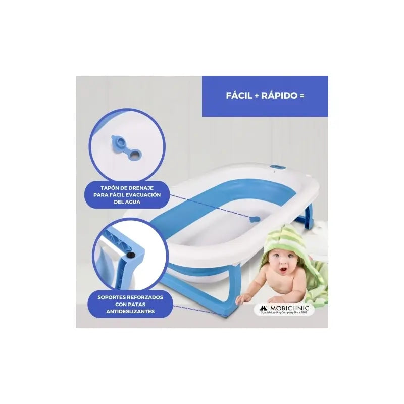 Mobiclinic Baby Bath Pack - Vaschetta per neonati - Pieghevole - Antiscivolo - Blu - Termometro da bagno - Senza mercurio