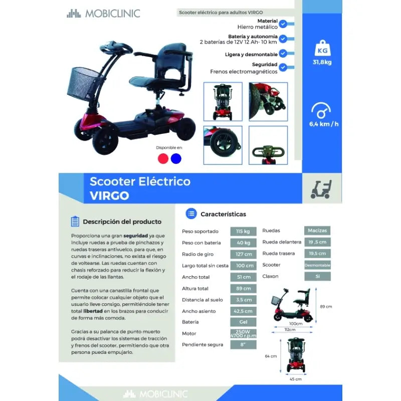 Mobiclinic Scooter Mobilità Ridotta - Auton. 10 Km - 4 ruote - compatto e smontabile - 12Ah - 250W - Virgo - Mobiclinic