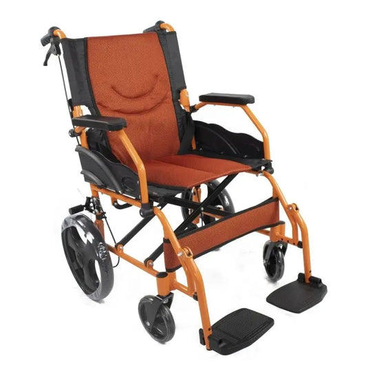 Mobiclinic Carrozzina pieghevole in alluminio Freno a leva Manubrio Poggiapiedi Bracciolo Arancione Piramide