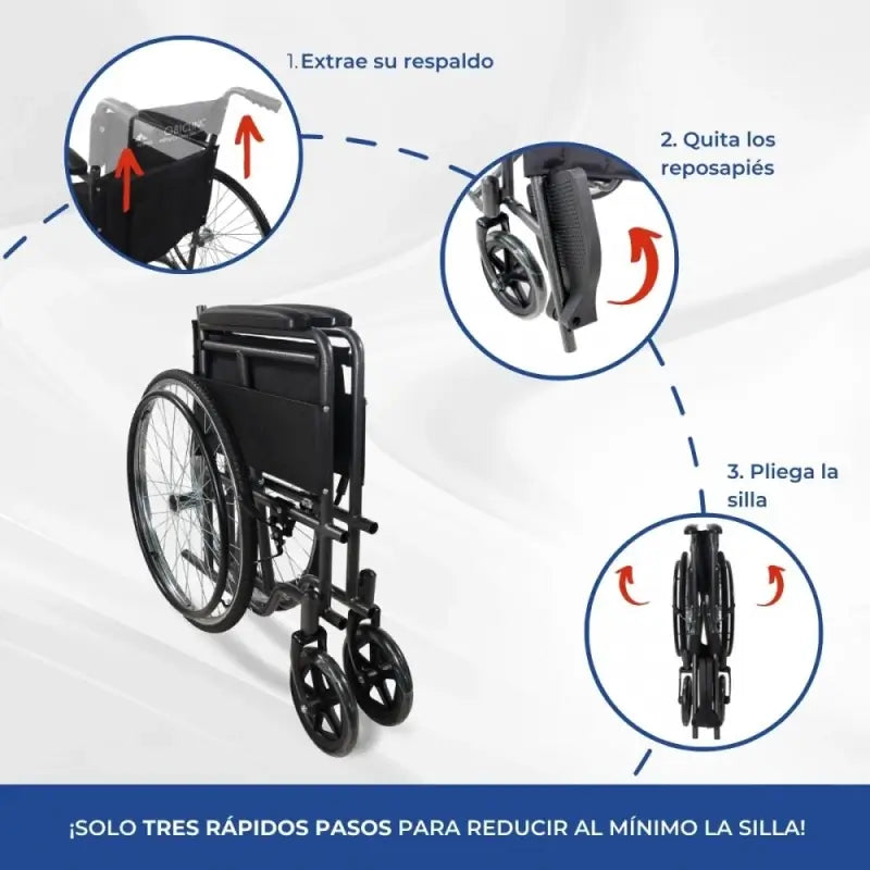 Sedia a rotelle pieghevole Mobiclinic - Schienale e poggiapiedi rimovibili - Acciaio - Ruote grandi - 46 cm - Grigio - Denver