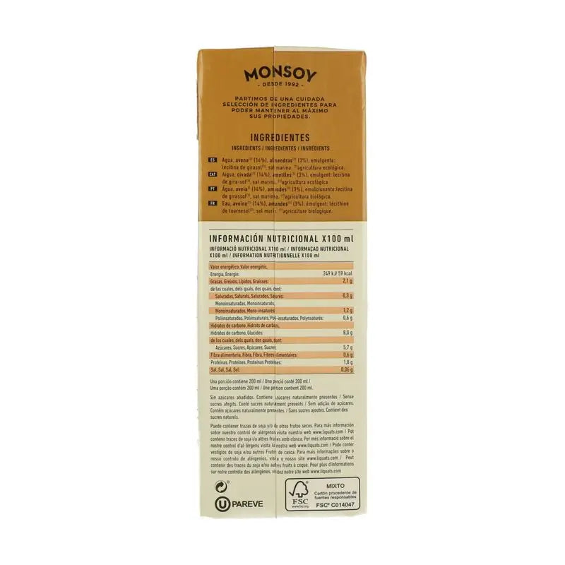 Monsoy Bevanda vegetale alla mandorla con avena 1Lt 6Ucs.Bio