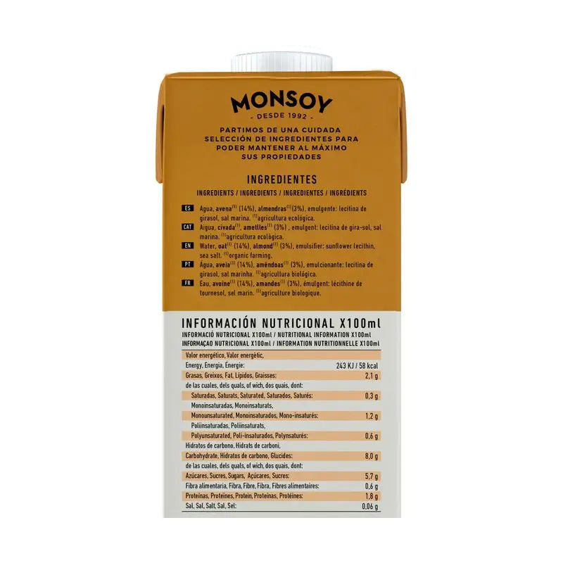 Monsoy Bevanda vegetale alla mandorla con avena 1Lt 6Ucs.Bio