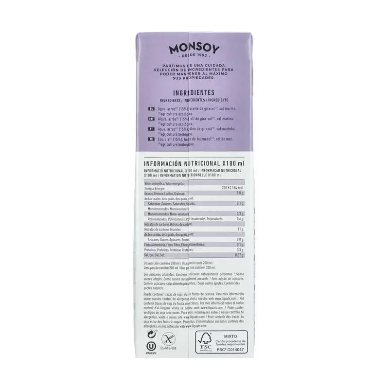 Monsoy Bevanda Vegetale di Riso Integrale 1Lt 6Pz. Bio
