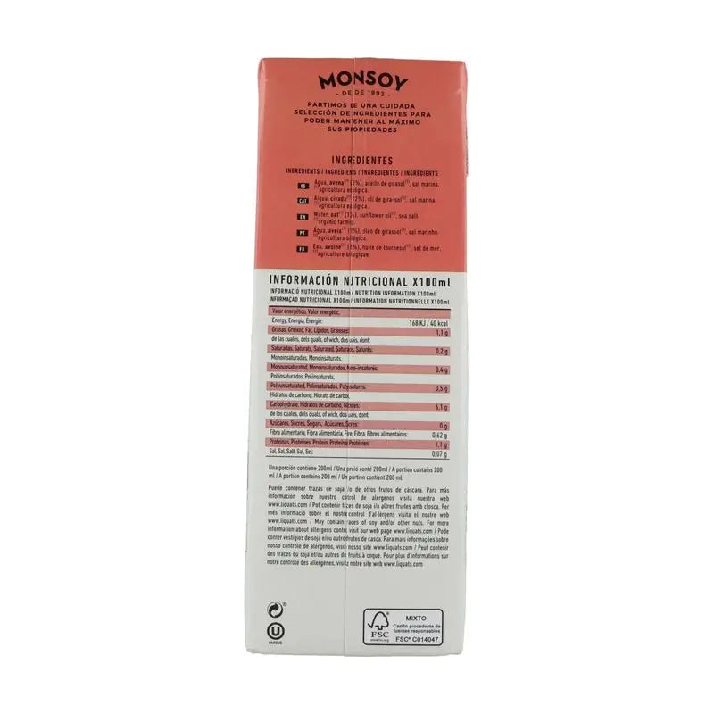 Monsoy Bevanda Vegetale Avena 0% Zucchero 1Lt 6Pz. Bio