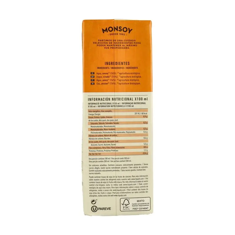 Bevanda vegetale all'avena Monsoy 1Lt 6Pz. Bio