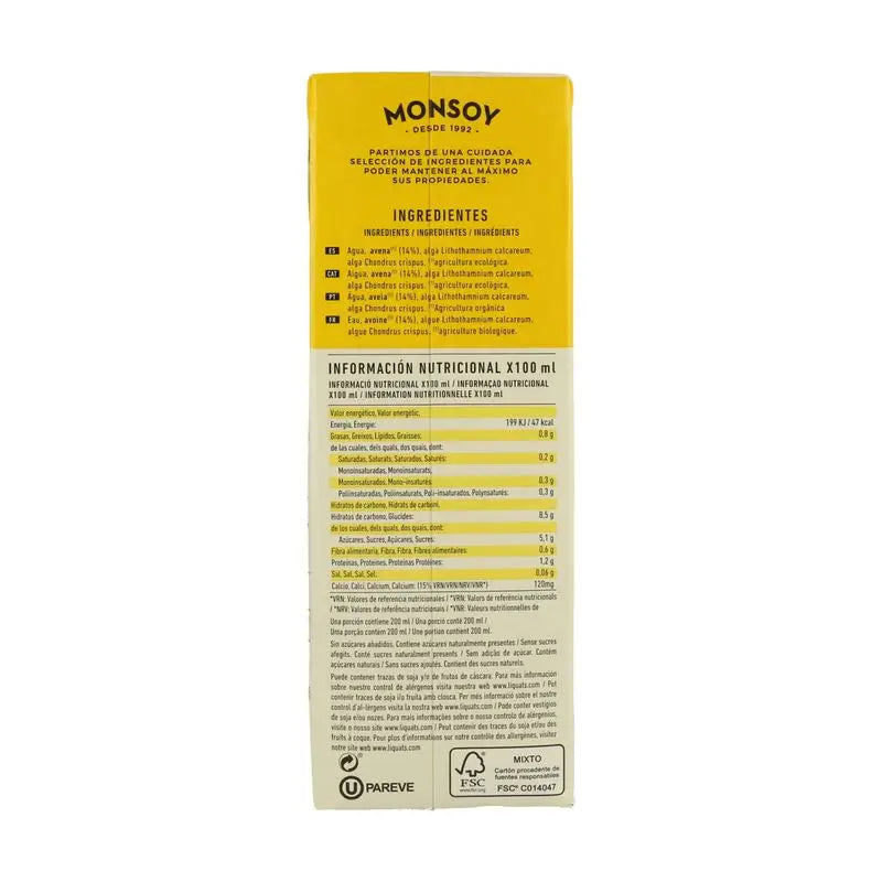 Bevanda vegetale alla farina d'avena Monsoy con calcio 1Lt 6Uds. Bio