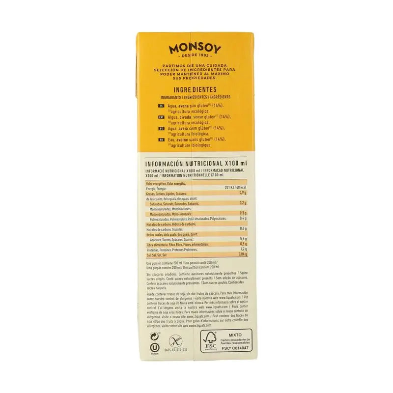 Monsoy Bevanda vegetale all'avena senza glutine 1Lt 1 pz. Bio