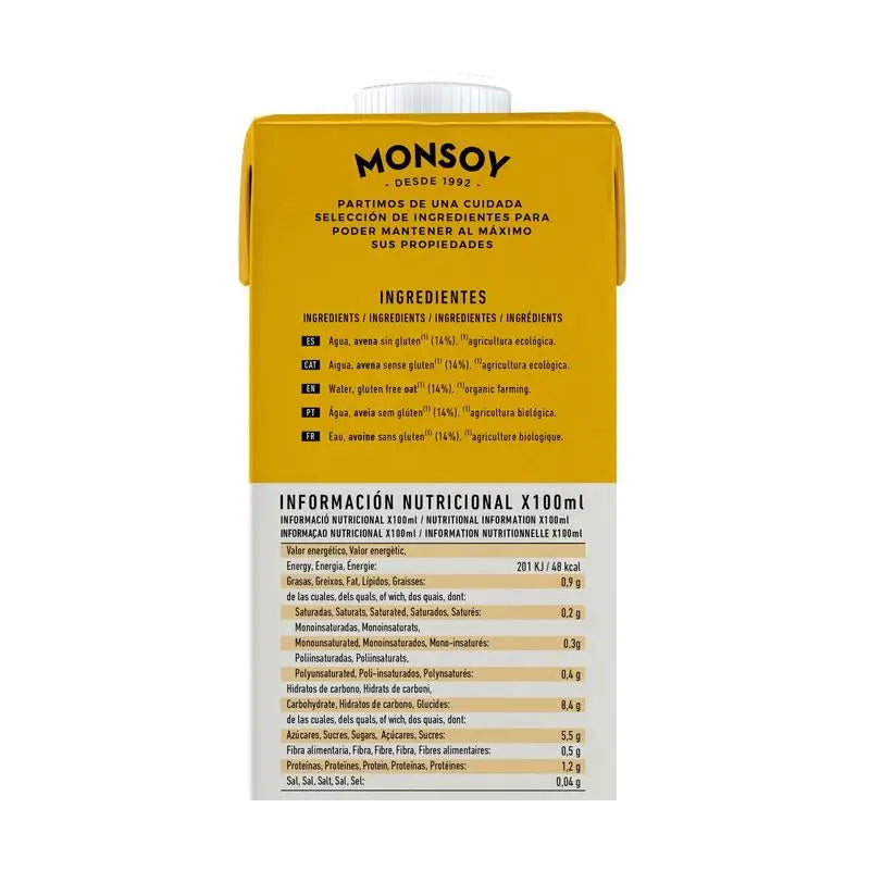 Monsoy Bevanda vegetale all'avena senza glutine 1Lt 1 pz. Bio