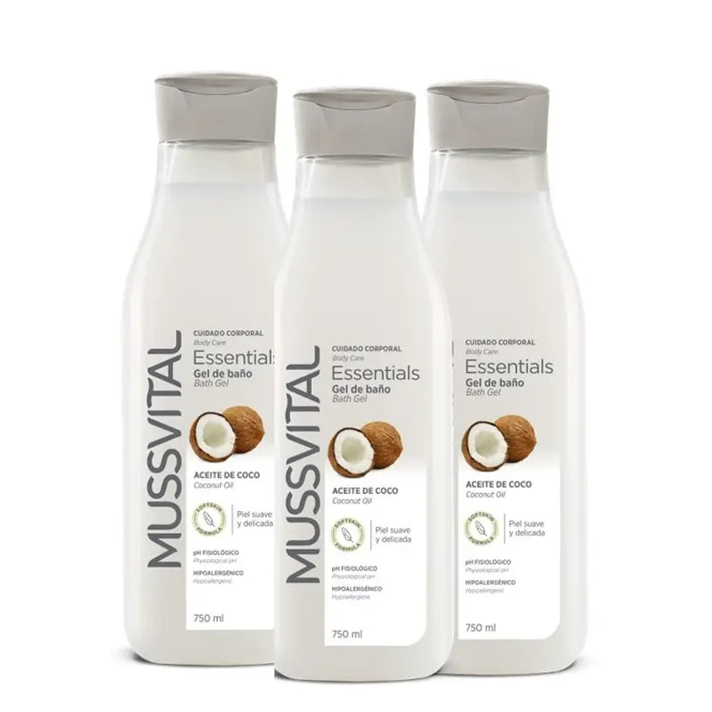 Gel da bagno all'olio di cocco Mussvital Essentials, 3x750 ml