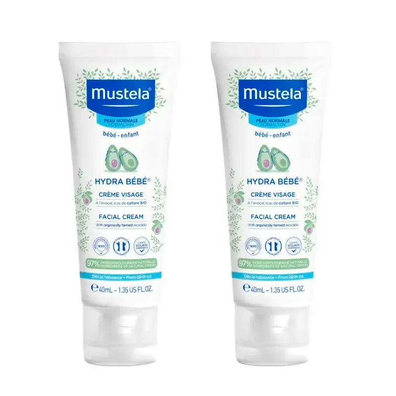Mustela Hydra Baby Crema Viso con Avocado Bio, Confezione 2 x 40 ml