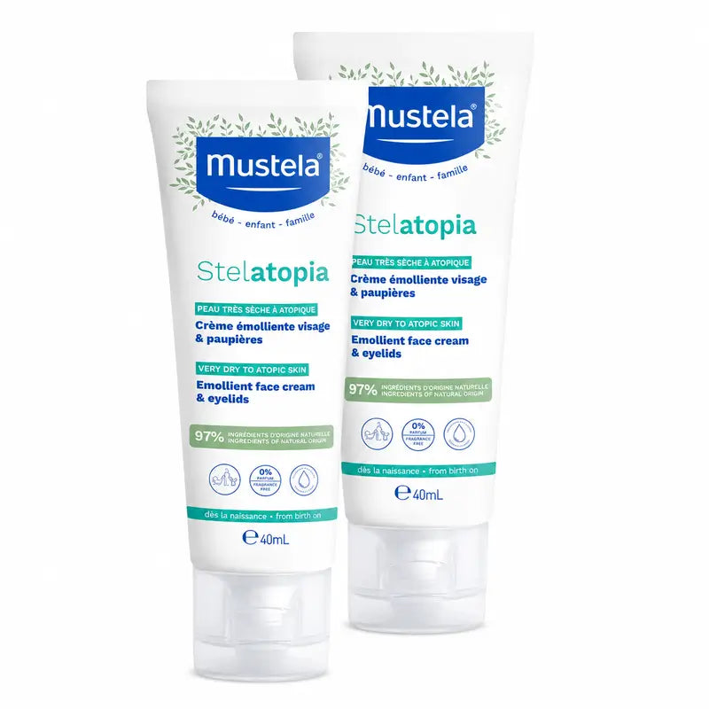 Mustela Stelatopia Crema viso emolliente, confezione da 2 x 40 ml