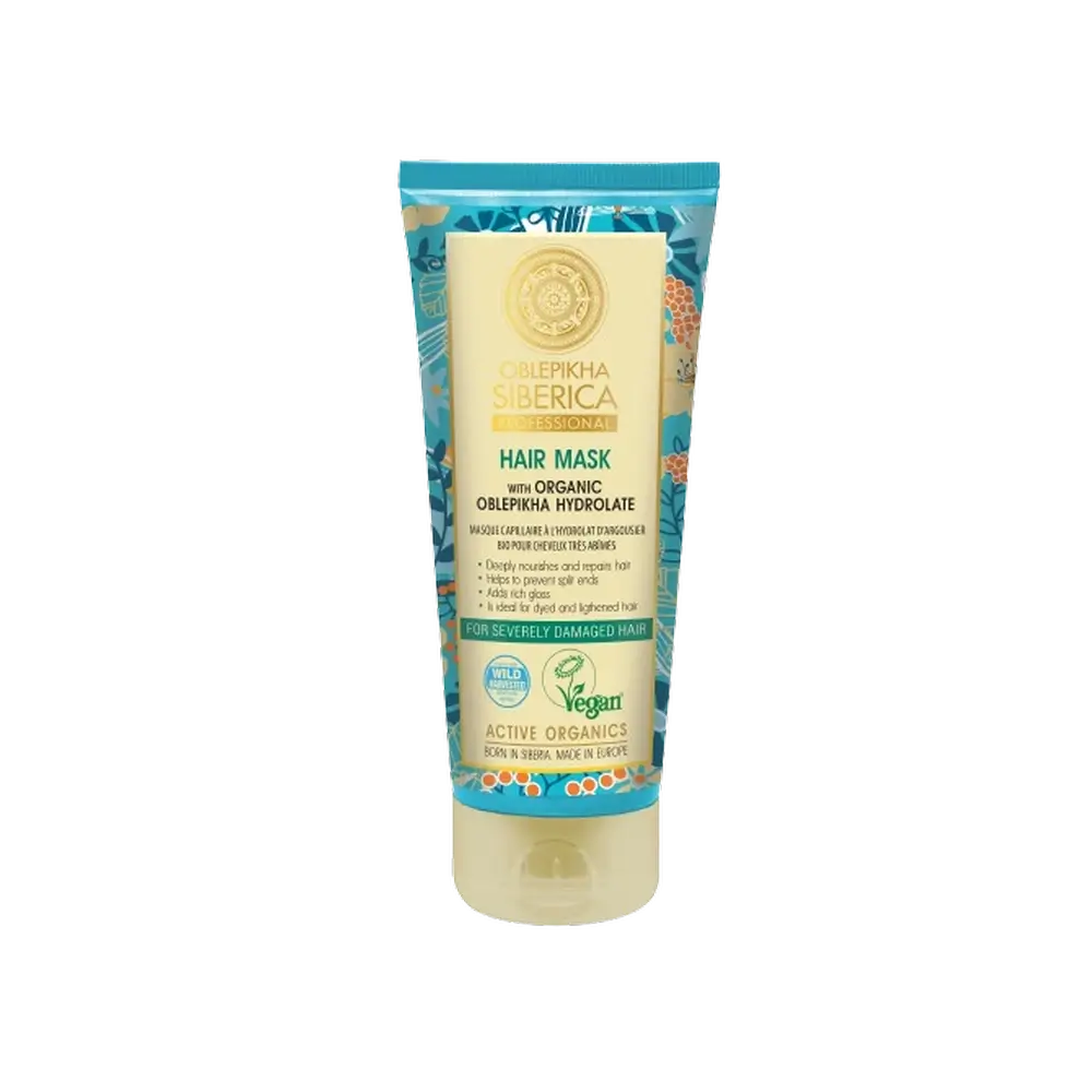 Natura Siberica Maschera per capelli con idrolato di olivello spinoso biologico per capelli gravemente danneggiati, riparazione profonda, 200 ml